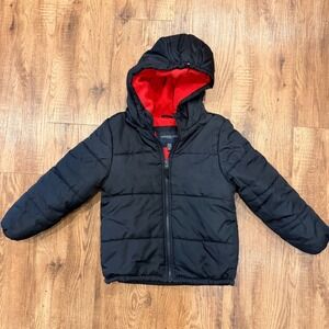 London Fog Kids Black Red Fleece Lined Puffer Jacket Hooded Winter Coat Size 5/6
